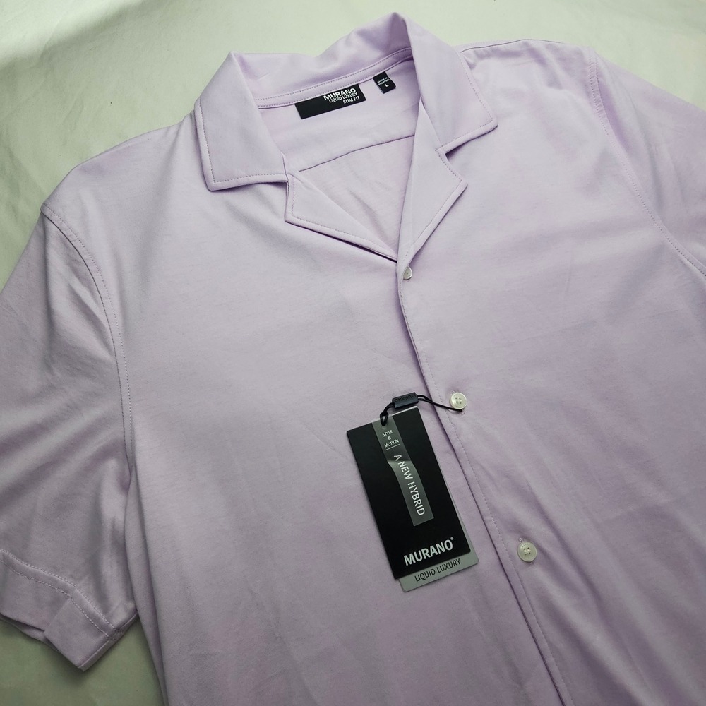 Murano L Liquid Luxury Slim Fit Lilac Button Down Short Sleeve Shirt NWT 1257